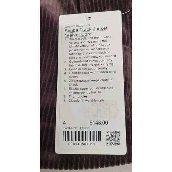 Lululemon Scuba Track Jacket Velvet Cord ESPR Brown Women's Size 4 NWT - Picture 10 of 12